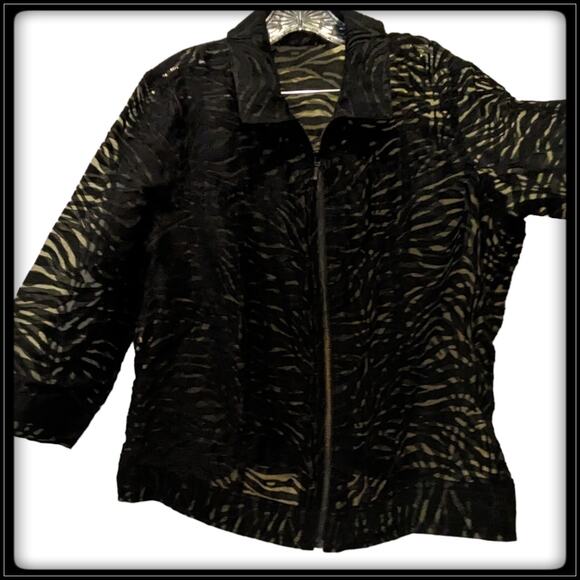 Clara S Black Sheer Mesh Textured Zip Up Shirt Jacket Zebra AOP Women's XL - Picture 9 of 9